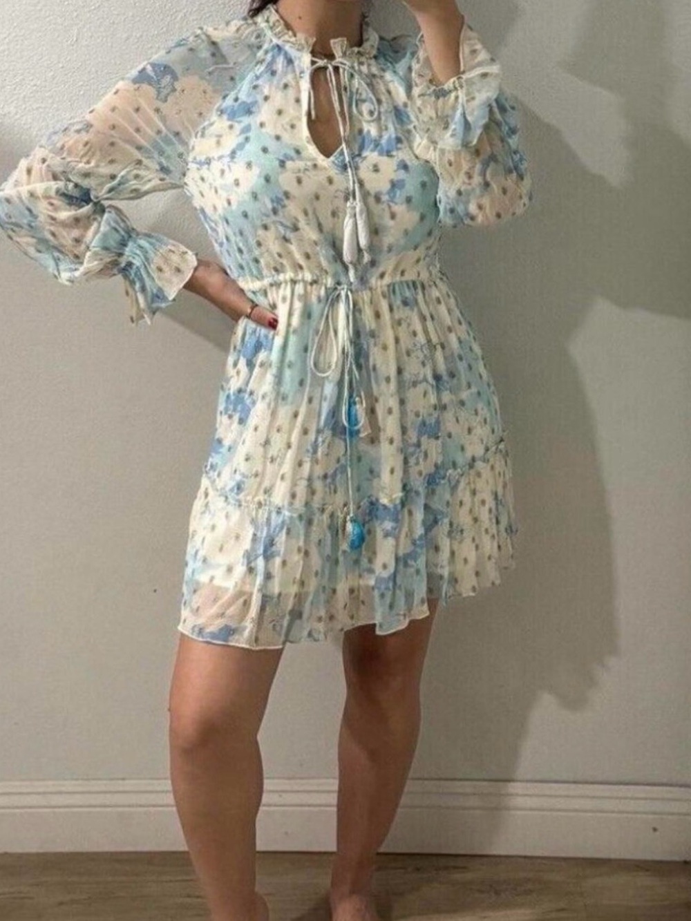 HEMANT & NANDITA Light Blue and Cream Floral Tiered Mini Dress